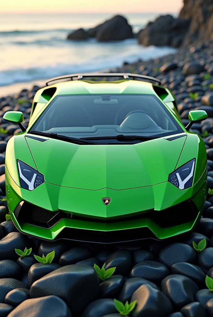 I want an image of a Lamborghini Aventador 12000 spearmint with small mint leaves around it and a beach background. It should be on top of beautiful, shiny black stones.