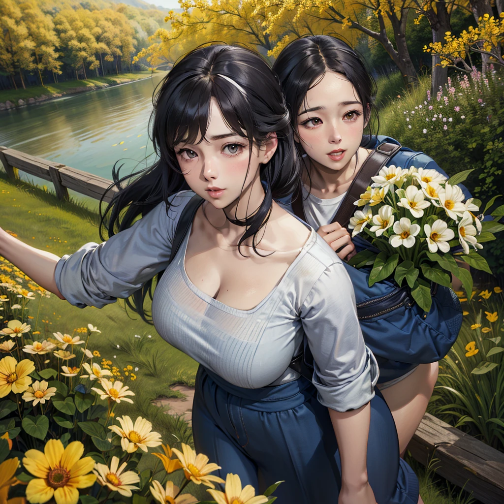 hint: A very charming,Carrying a backpack,and her cute puppy,Enjoying a beautiful spring outing,Surrounded by beautiful yellow flowers and nature. Illustrations are 4K resolution high-definition illustrations, Features highly detailed facial features and cartoon-style visuals.