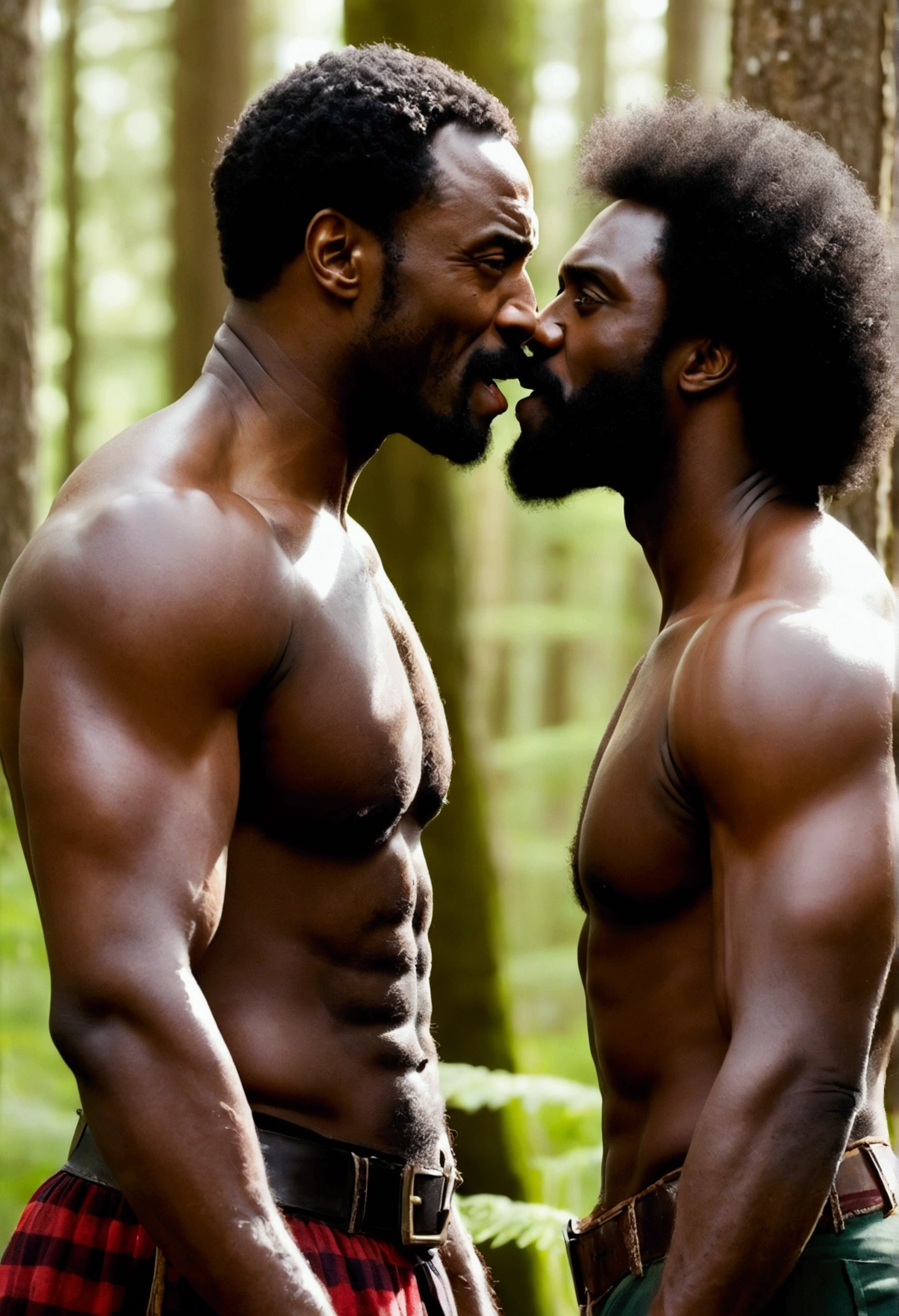 Michael Fassbender and Idris Elba (Afro) Standing face-to-face in a forest, Kissing in lumberjack uniforms, kind eyes, smiling, happy blush, V-shaped upper body, thin lips, Strong jaws, Muscled chests, big arms, (homosexuals, homoerotic, homosexual), (Cinematic movie poster), big muscles, interracial, close up, cinematic lighting, 16k, 1080P, High Definition, 16k, 1080P, High Definition, High resolution, Best Quality, Super detail, anatomically correct, high quality