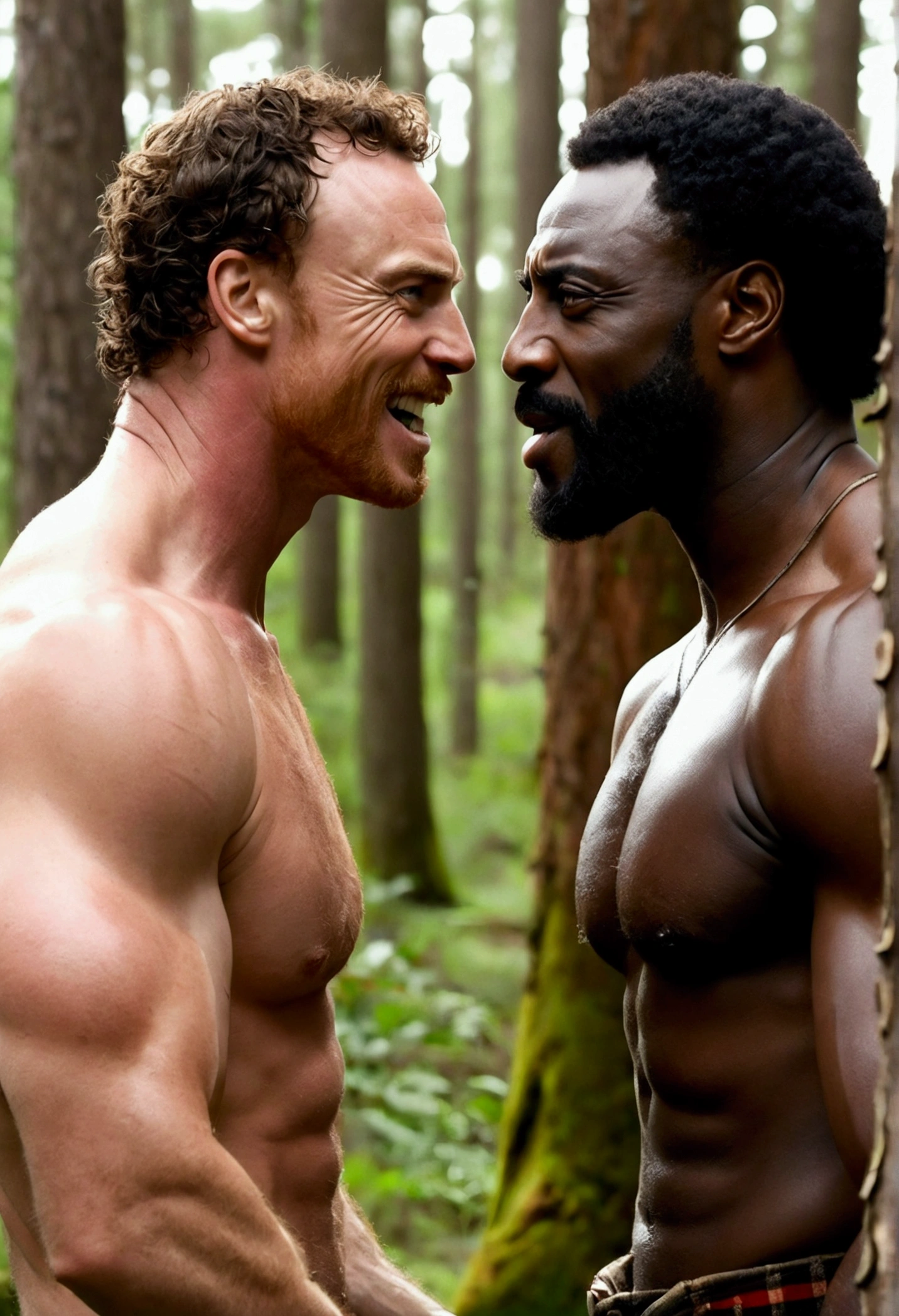 Michael Fassbender and Idris Elba (Afro) Standing face-to-face in a forest, Kissing in lumberjack uniforms, kind eyes, smiling, happy blush, V-shaped upper body, thin lips, Strong jaws, Muscled chests, big arms, (homosexuals, homoerotic, homosexual), (Cinematic movie poster), big muscles, interracial, close up, cinematic lighting, 16k, 1080P, High Definition, 16k, 1080P, High Definition, High resolution, Best Quality, Super detail, anatomically correct, high quality