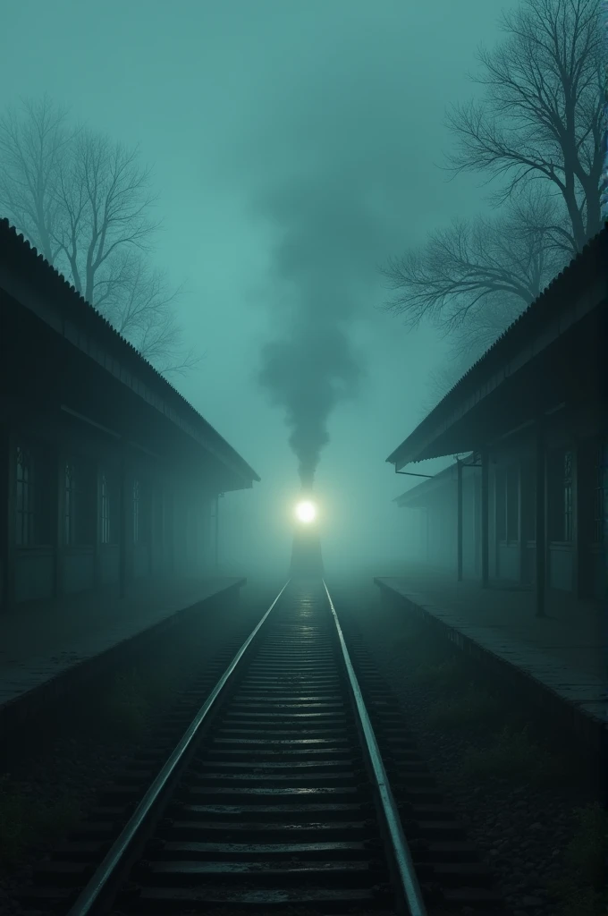 *"A desolate, fog-shrouded old train station at night, with an eerie, abandoned atmosphere. The station is dark and empty, with rusty, overgrown rails leading into the mist. In the distance, a ghostly, translucent train is faintly visible, its lights glowing dimly through the fog. The train appears to be drifting, partially obscured by the mist, emitting a ghostly, haunting glow. The scene should evoke a chilling sense of dread and abandonment, highlighting the mystery and malevolence of the phantom train