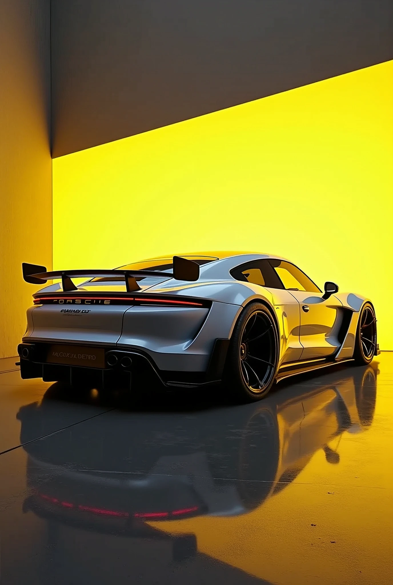 The image depicts a Porsche Taycan Turbo S sports car with a black and white color combination, suggesting a fitness sports theme. The vehicle is designed with aerodynamic features, such as a large rear wing and side air intakes, indicating its performance-oriented nature. The car's sleek body and low-profile tires contribute to its sporty aesthetic. The background has a digital effect, illuminated by yellow lights, that complements the car's stylized appearance and reinforces the image's minimalist theme. There are no people or indications of specific locations that would necessitate the identification of characteristics such as gender or race. , retina, precise, Masterpiece artwork, super detaill, best qualityer, awardwinning, highres, HD, 4K, 8k, 16K