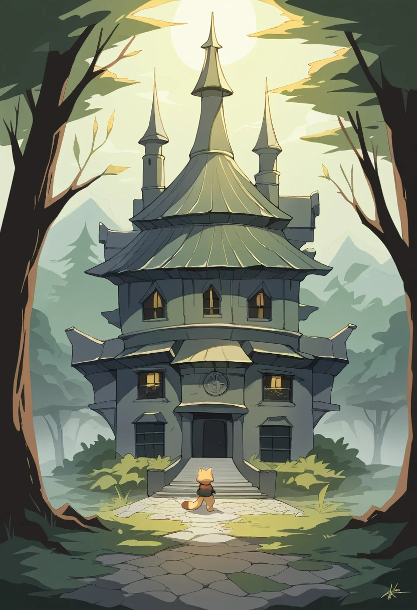 ((Masterpiece)), ((Best Quality)), (Very Detailed), ((Very Detailed)), 4K, (8K), very aesthetic, absurdres highres, 1 woman, (anthropomorphic cat, furry, kemono:1.5), A young female explorer stands at the entrance of an old building in a foggy forest at night. She has a backpack on her back and a map in her hand. A dim light is reflected in the fog, and you can see the moss-covered stones of buildings and fallen leaves. Her expression is a mix of nervousness and interest, trying to find something in the silence. Ivy clings to the walls of the building, and old lanterns hang from them. At her feet is damp ground and moss. Using painting techniques, he emphasizes the texture of the fog and the reflection of light.