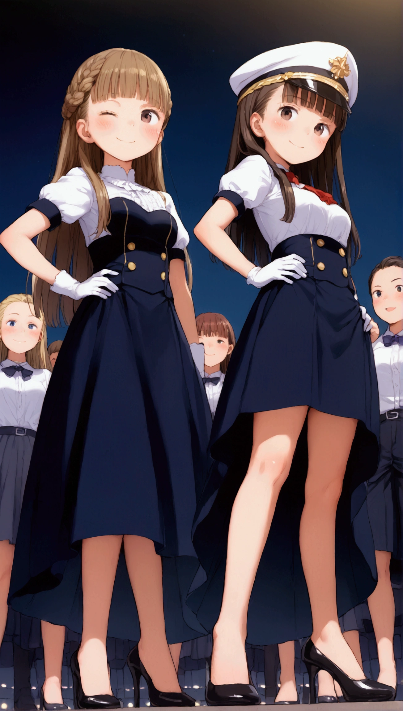 {Highest quality}, {Super beautiful},{Ultra fine},{Best illustration},Brown Hair,Hime cut,Braid,long hair,Two Women,Standing Woman,Strike a pose,Adult women,smile,Ecstasy face,Wink,Blushing,Uniform cap,White shirt,Short sleeve,Black long skirt,White gloves,Black stiletto heels,Night Park,crowd,Slender,From below,Spread your legs,Put one hand on your hip