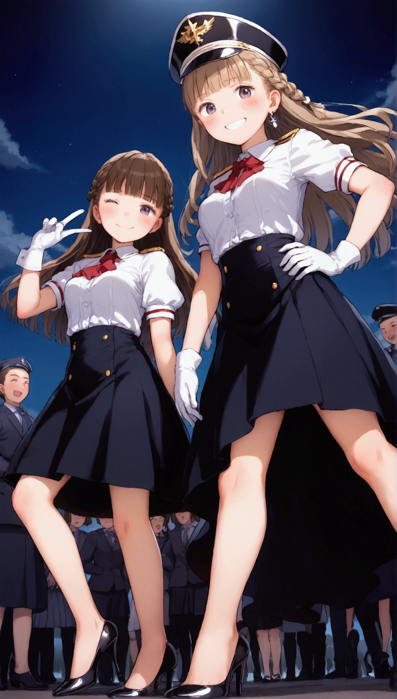 {Highest quality}, {Super beautiful},{Ultra fine},{Best illustration},Brown Hair,Hime cut,Braid,long hair,Two Women,Standing Woman,Strike a pose,Adult women,smile,Ecstasy face,Wink,Blushing,Uniform cap,White shirt,Short sleeve,Black long skirt,White gloves,Black stiletto heels,Night Park,crowd,Slender,From below,Spread your legs,Put one hand on your hip