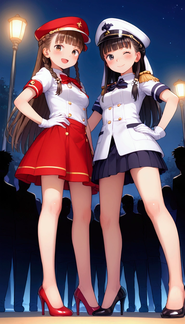 {Highest quality}, {Super beautiful},{Ultra fine},{Best illustration},Brown Hair,Hime cut,Braid,long hair,Two Women,Standing Woman,Strike a pose,Adult women,smile,Ecstasy face,Wink,Blushing,Uniform cap,White shirt,Short sleeve,Black long skirt,White gloves,Black stiletto heels,Night Park,crowd,Slender,From below,Spread your legs,Put one hand on your hip