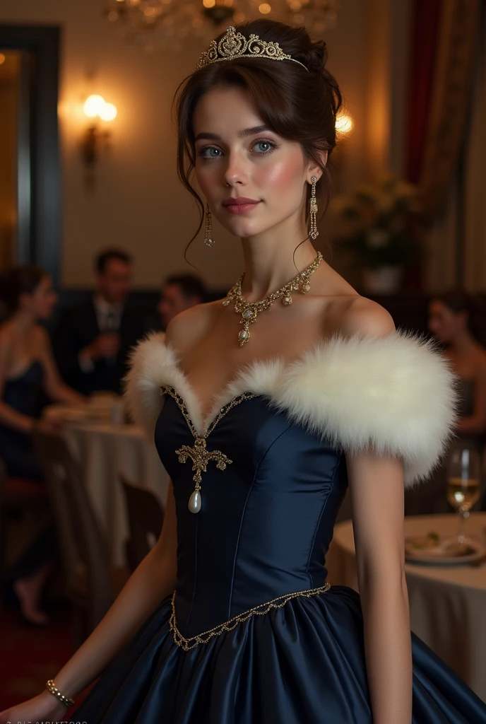 looking at viewer, Japanese beautiful female,  very cute girl, Age: 20 age-old,  brown hair , chignon , fringe, blue eye, little smile, (middle cup breasts, slender whist, middle hip ,beautiful pussy, beautiful anal, public hair),(Royal Navy color Princess dress, evening  long dress),(White satin gown and fur lined cape for ladies, Royal Victorian Era Queen:1.3), HI heals, gold ring earring, gold neckless, bracelet,  tiara , standing on floor, evening dinner Party  , night, UHD, accurate, anatomically correct, textured skin, super detail, high details, high quality, best quality,  Crew neck dress, Dress with shoulder decoration,  Red Cape,  red munt,  White elbow lace glove