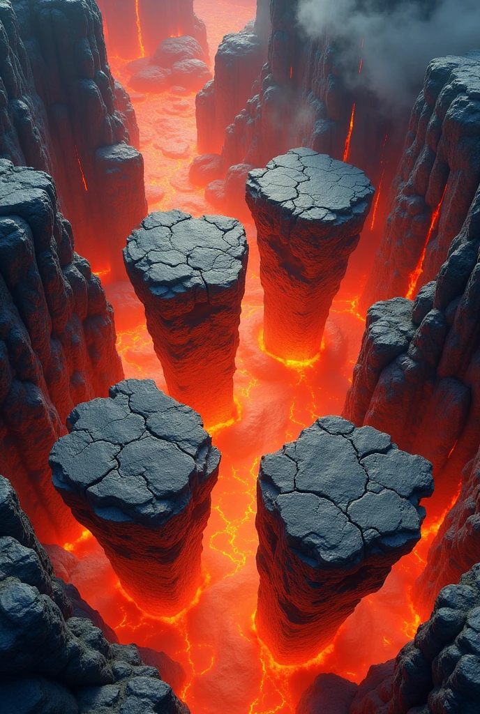 a map of lava on which four rock plataforms float in the lava, the map is in aerial format suitable for a rpg game, the background is a photo of lava lake