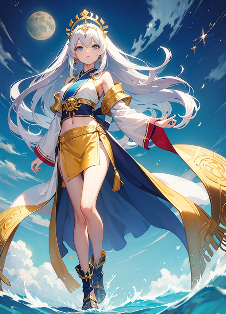 Create an Aztec princess who has 1. 
**Appearance:**
   - **hair:** white, Wavy, reaching the feet
   - **eyes:** Dorados
   - **body:** delgado, with a small waist and wide legs and hips.
   - **height:** 1.55 meters.

2. **Ropa y Accessories:** 
   - **Accessories:** Could wear an obi belt with gold and blue details, and maybe some boots 3. **Pose or Activities:**
- Another option would be a more serene pose, showing her long hair flowing with the wind, in a natural environment.

   - A calm but determined expression.
   - Additional details on clothing or headdress that reflect your personality and skills.