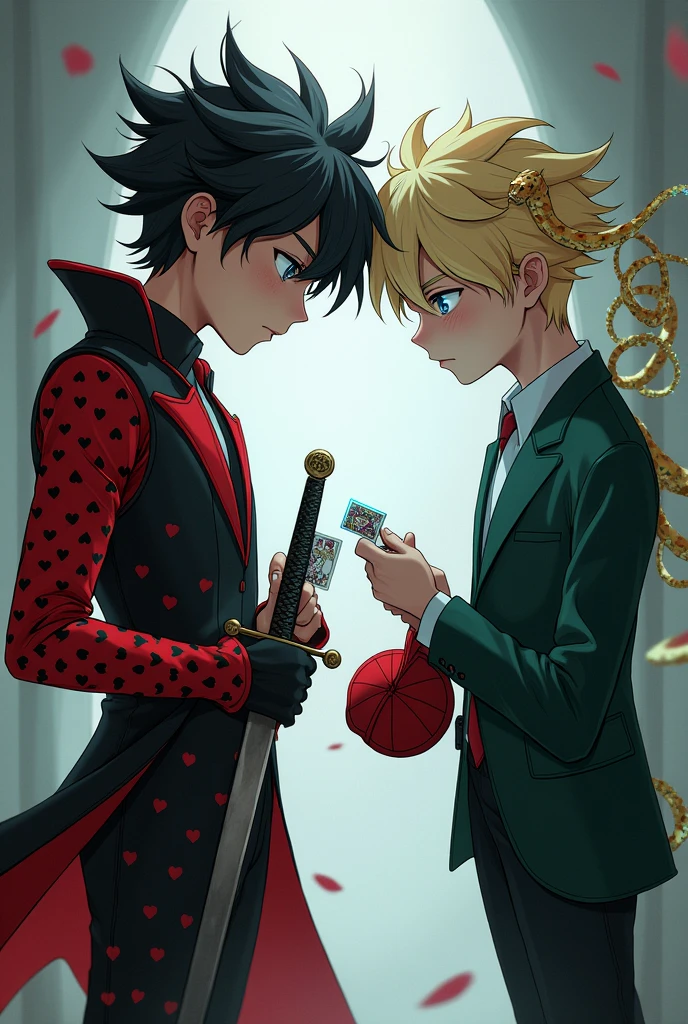 two young boys facing each other: one with black and red hair ,black and red suit with a design of black and red hearts ,with a sword in his right hand and a deck of cards in the other hand,The other guy in a dark green suit,light blonde hair made of snakes only his hair ,in his right hand a red cap and in the other some glasses ,He's about to fire a soft blue laser from his eyes