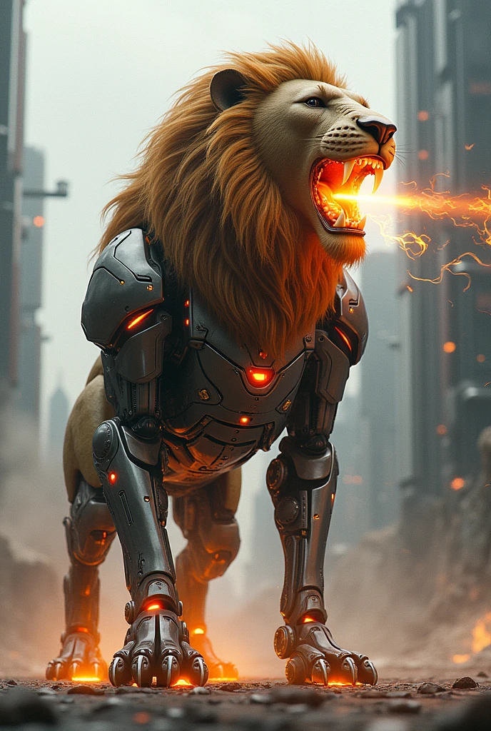 The head is a lion, the body is a robot, and it can breathe fire from its mouth.