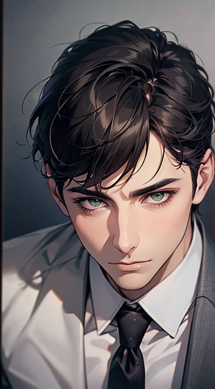 (Highest quality,4K,8K,High resolution,masterpiece:1.2),Super detailed,(Realistic,photoRealistic,photo-Realistic:1.37),1 person,35 years old,Mature Men,Beautiful skin、very handsome,Expressionless,Short gray Black hair,green eyes,Sharp Eyes,A perfect face without a doubt,Businessman, CEO, Office Background,Cinema Lighting,HDR image,tie、
