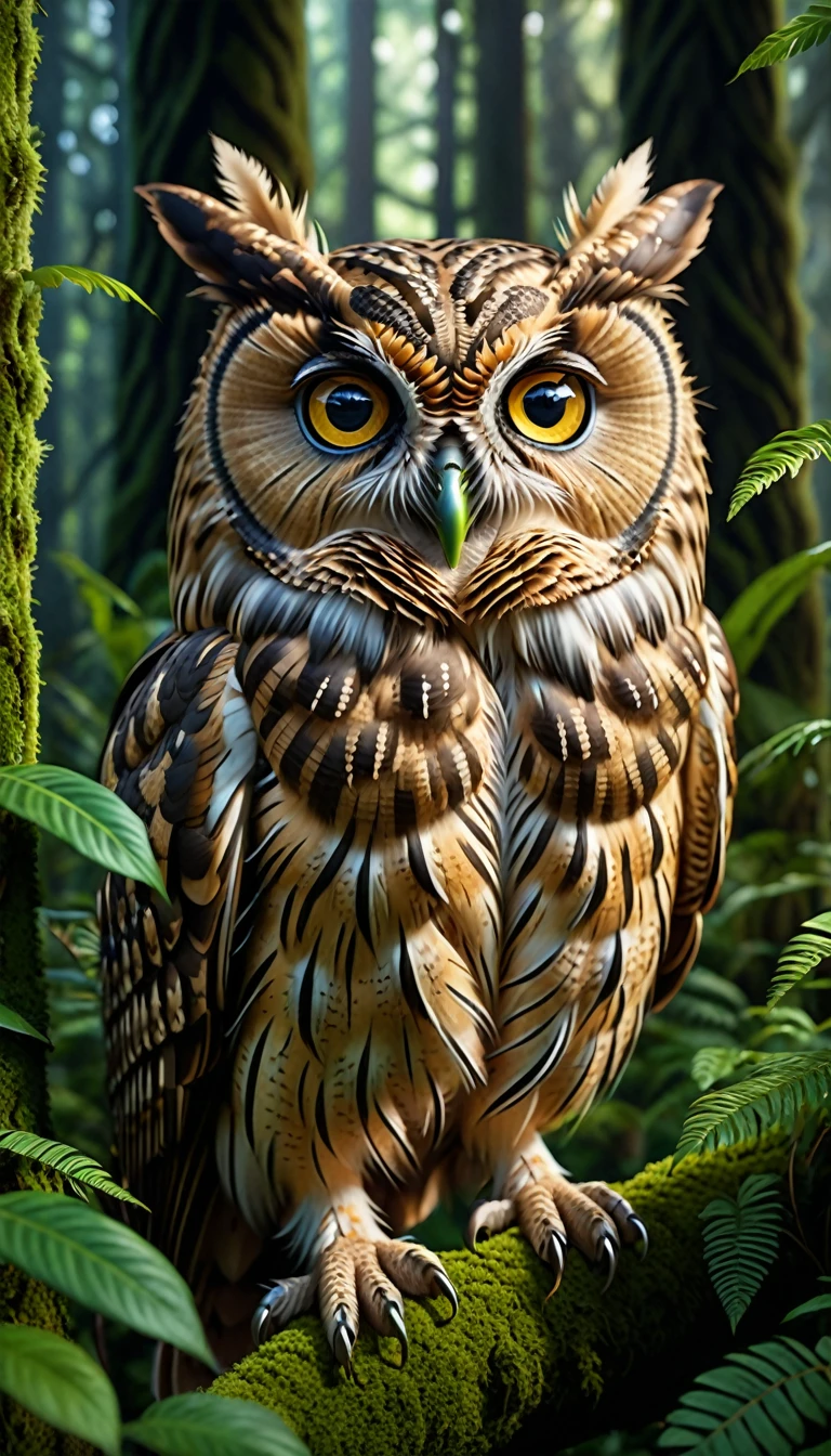 A highly detailed, photorealistic 4K/8K portrait of a four-eyed owl with human-like faces growing out of a lush forest, intricate patterns, dynamic lighting, masterpiece quality, ultra-detailed, realistic, photo-realistic