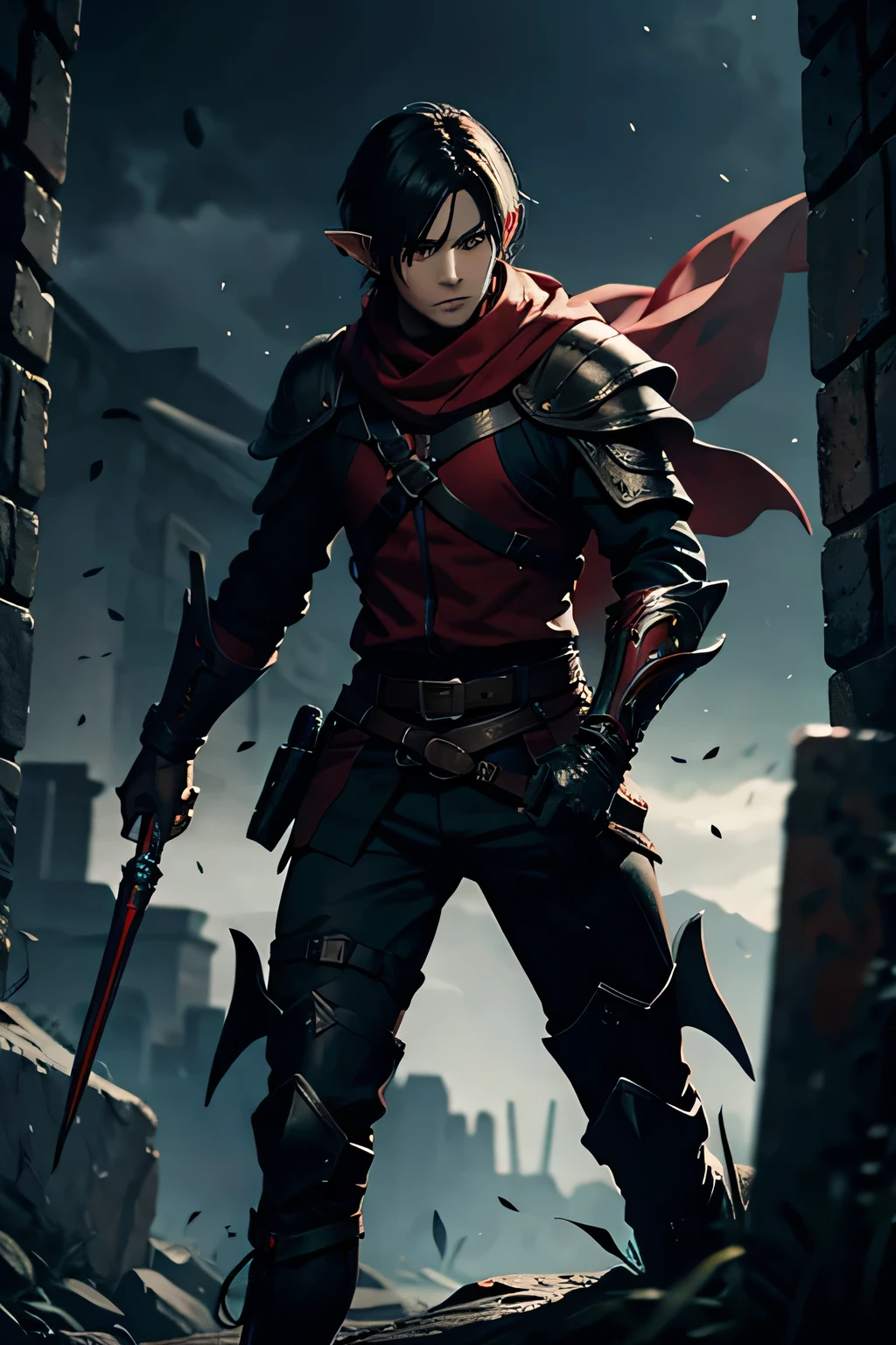 a male elf assassin, highly detailed face, short black hair, red eyes, wearing a black gaiter mask, dressed in black and red medieval attire, physically strong, nighttime background, cinematic lighting, dramatic atmosphere, fantasy character, masterpiece, 8k, highly detailed