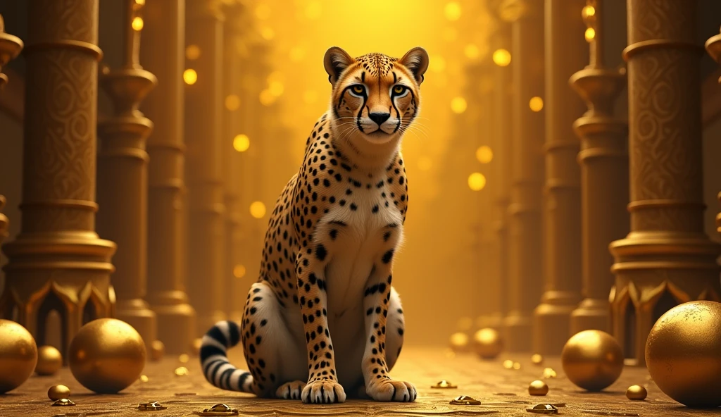 (Realistic Photos)、(extremely detailed CG unified 8k wallpaper)、(​masterpiece)、(top-quality)、(realisitic)、Soft lighting、(the background is golden)、myterious、Gold Decoration、an aura of gold、Whole body、(cool Cheetah)、Solo、animal、detailed eyes