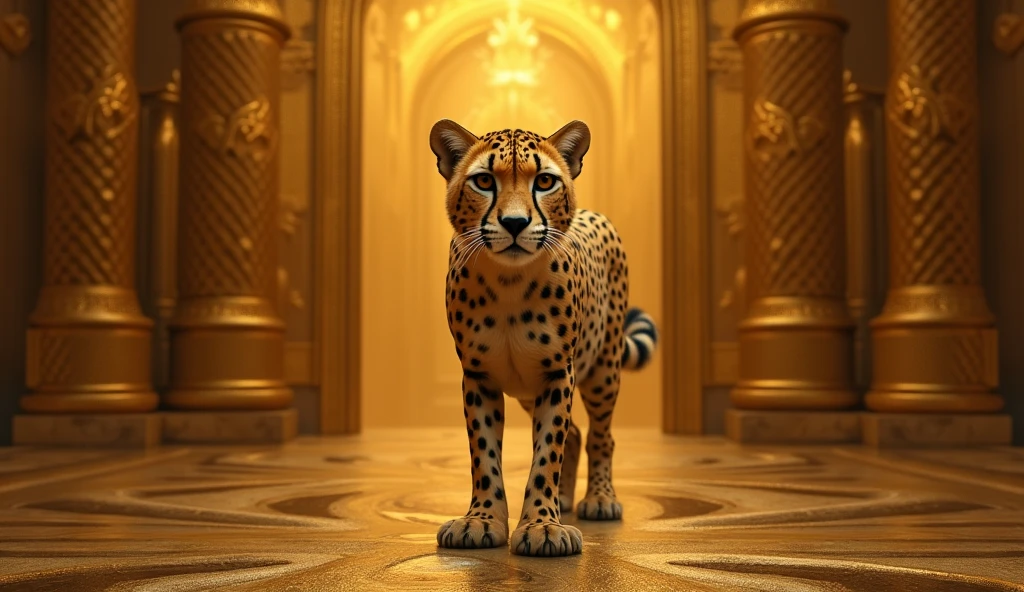 (Realistic Photos)、(extremely detailed CG unified 8k wallpaper)、(masterpiece)、(top-quality)、(realisitic)、Soft lighting、(the background is golden)、myterious、Gold Decoration、an aura of gold、Whole body、(cool Cheetah)、Solo、animal、detailed eyes