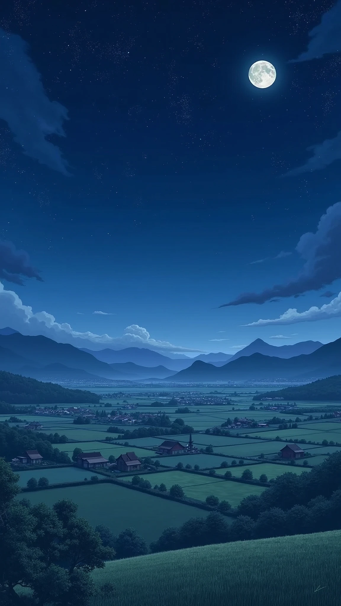 **"A wide-angle view of a Japanese countryside at night during summer. The scene includes a vast, star-filled sky with twinkling stars spread across the dark blue sky. Below, traditional Japanese houses are lined up, surrounded by fields of crops. The landscape is illuminated subtly by moonlight, and the quiet, serene atmosphere of the countryside is evident. The overall perspective is pulled back enough to capture the full view of the sky, fields, and houses, emphasizing the peaceful and expansive nature of the rural setting. - (relaxed)