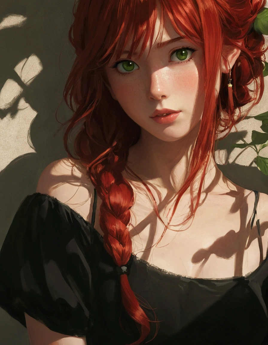 There is a red hair、woman in black dress, Beautiful animated portrait, Work'art dans le style de Gu Weiss, with red hair and green eyes, Beautiful facial portrait'Japanese cartoons, Gu Weiss, Detailed description'A lively girl, Artistic style'realistic Japanese cartoons, Animation Realism, Art D'detailed digital Japanese cartoons, Beautiful animated girl, Animation Realism style, Realistic anime art style