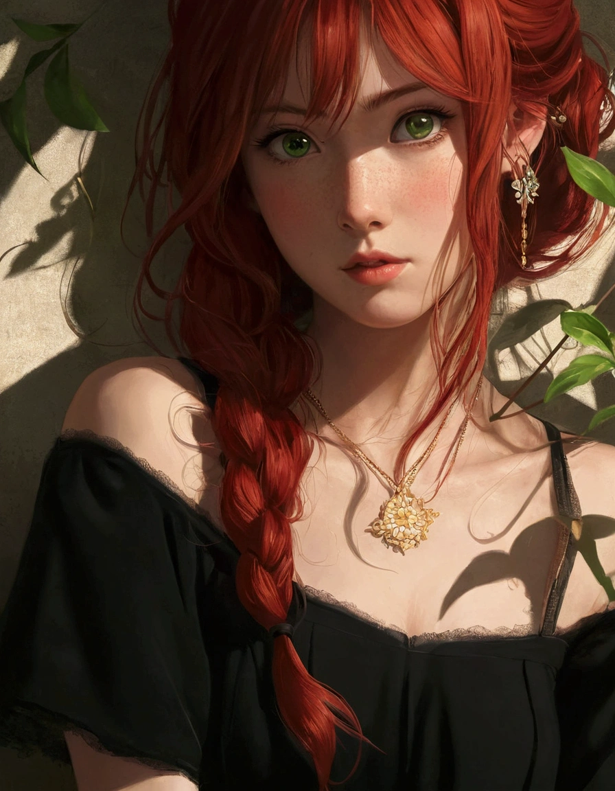 There is a red hair、woman in black dress, Beautiful animated portrait, Work'art dans le style de Gu Weiss, with red hair and green eyes, Beautiful facial portrait'Japanese cartoons, Gu Weiss, Detailed description'A lively girl, Artistic style'realistic Japanese cartoons, Animation Realism, Art D'detailed digital Japanese cartoons, Beautiful animated girl, Animation Realism style, Realistic anime art style
