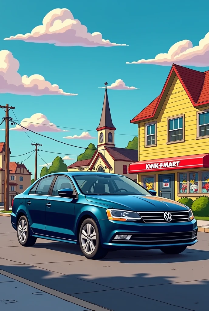 Dark blue Jetta car with a Springfield Simpsons background