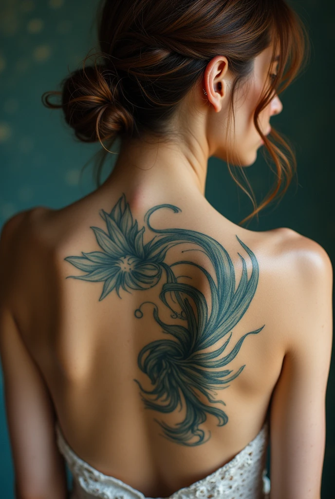 Woman with her back showing a tattoo on her back and the tattoo being elegant, sensual and not so big, that it is so beautiful that no one can find it ugly, that the tattoo expresses love for the ocean, that shows fragility, elegance