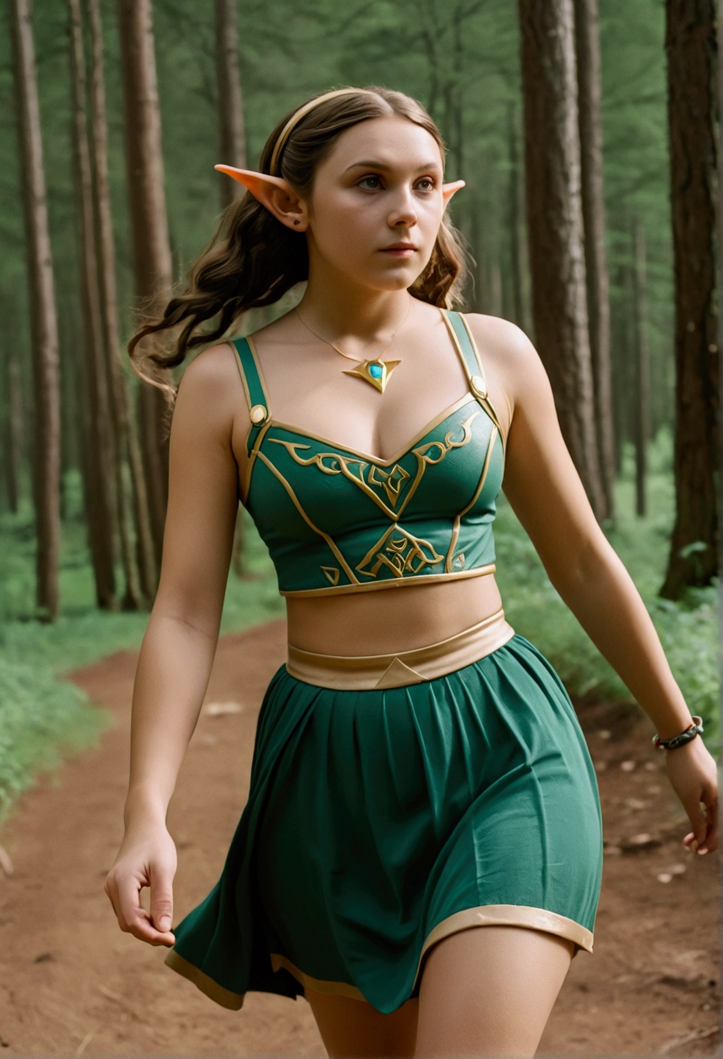 analog film photo, photo of a Hylian girl, elf ears, honey eyes, wild brunette hair, tan complexion, tall stature, athletic, voluptuous hourglass figure, full hips, plump round buttocks, wearing a bralette and a skirt, strolling through Hyrule's wilderness, resembles Millie Bobby Brown, RAW Photograph, dslr, soft lighting, high quality, film grain, Fujifilm XT3, detailed skin with visible pores, insane details, masterpiece, 8k, 35mm photograph, dslr, kodachrome, faded film, desaturated, grainy, vintage, Lomography, stained, highly detailed, found footage, close-up shot, elven ears