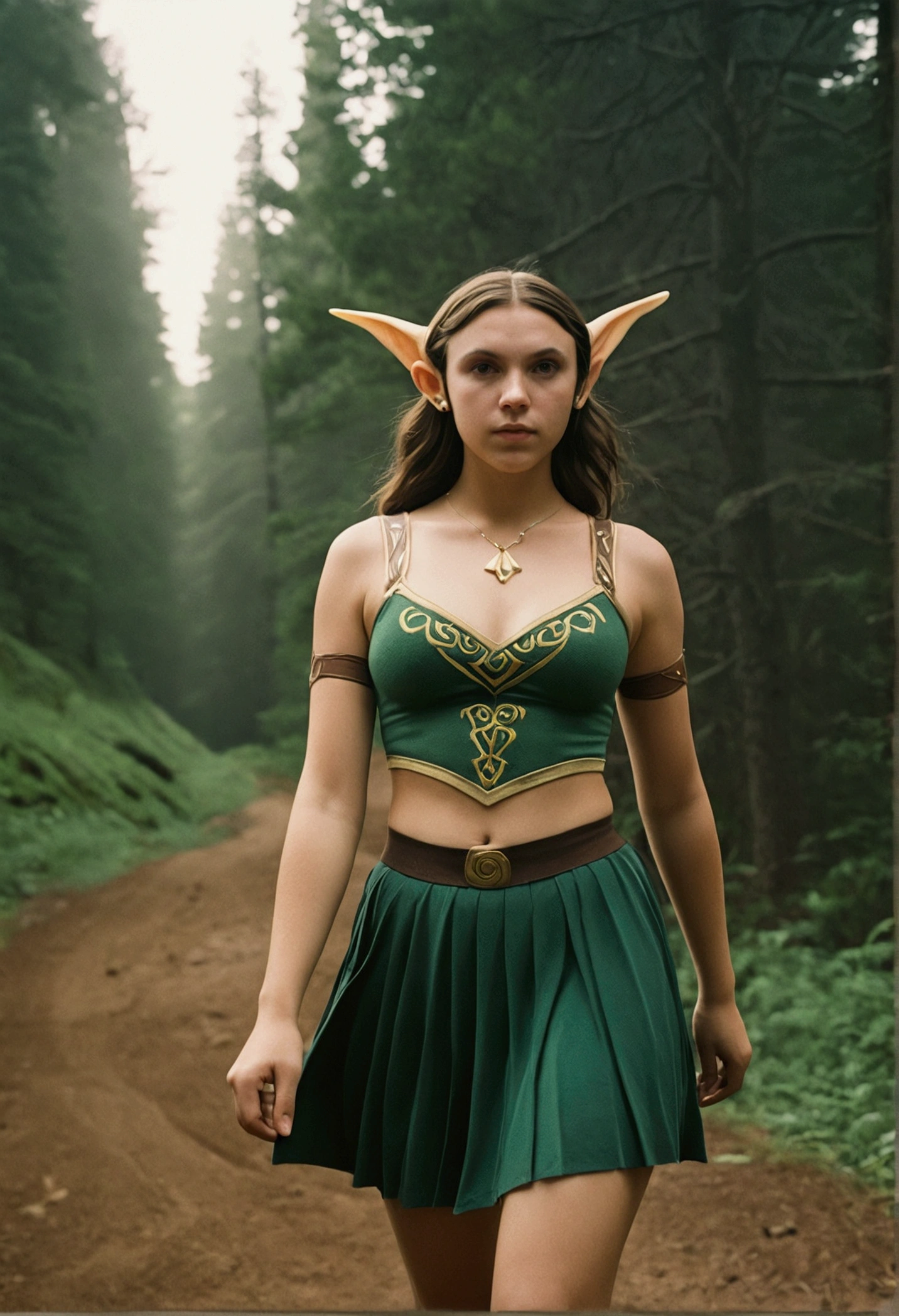 analog film photo, photo of a Hylian girl, elf ears, honey eyes, wild brunette hair, tan complexion, tall stature, athletic, voluptuous hourglass figure, full hips, plump round buttocks, wearing a bralette and a skirt, strolling through Hyrule's wilderness, resembles Millie Bobby Brown, RAW Photograph, dslr, soft lighting, high quality, film grain, Fujifilm XT3, detailed skin with visible pores, insane details, masterpiece, 8k, 35mm photograph, dslr, kodachrome, faded film, desaturated, grainy, vintage, Lomography, stained, highly detailed, found footage, close-up shot, elven ears
