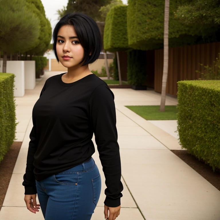 body photo, beautiful detailed, cute face, cute mexican teen, slightly chubby hips, short black hair, black hair over one eye, long sleeve plain T-shirt, long pants, fat wide hips, solo,