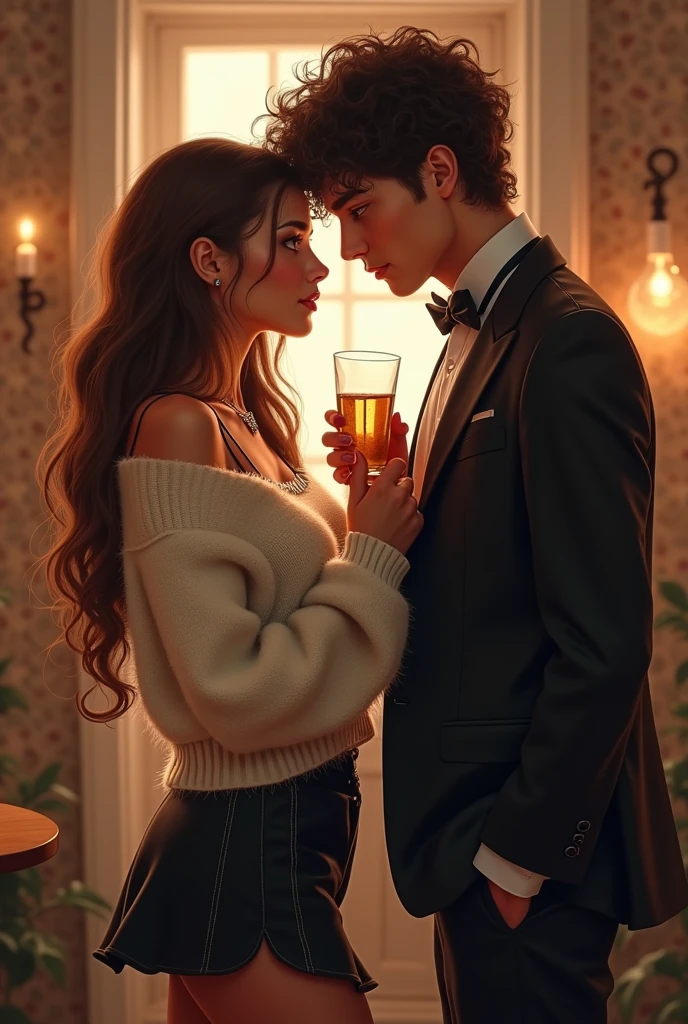 Image of a girl with brown hair wearing eye-catching but casual clothes with a white or cream wool sweater and a short black something that starts with a skirt.
Now that girl just like this, That she is flirting with a 19-year-old curly-haired guy, half-dark. Let the two of them see each other face to face., The girl is flirting with him, wanting him to touch her..
That the boy is dressed as a butler and that his hand is lower than the girl's
That the girl gives the boy a drink as if they were at a youth party at night, but the boy doesn't want to and he is shy, while the girl on the contrary, that the girl harasses the boy, that the girl has a more provocative attitude for him, and now have the boy grab a leg and lift it