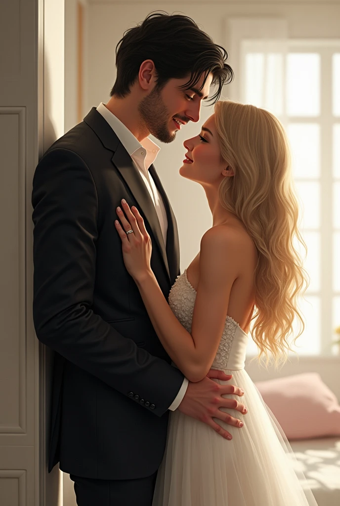 A boy in a suit, tall and strong, with black hair, smiling flirtatiously. A short girl, long and blond hair, with a flirtatious smile on her face, a white dress with flowers. She is standing against the wall of her room which is white, her bed is close by and he is cornering her with one hand on her neck and pressed against her