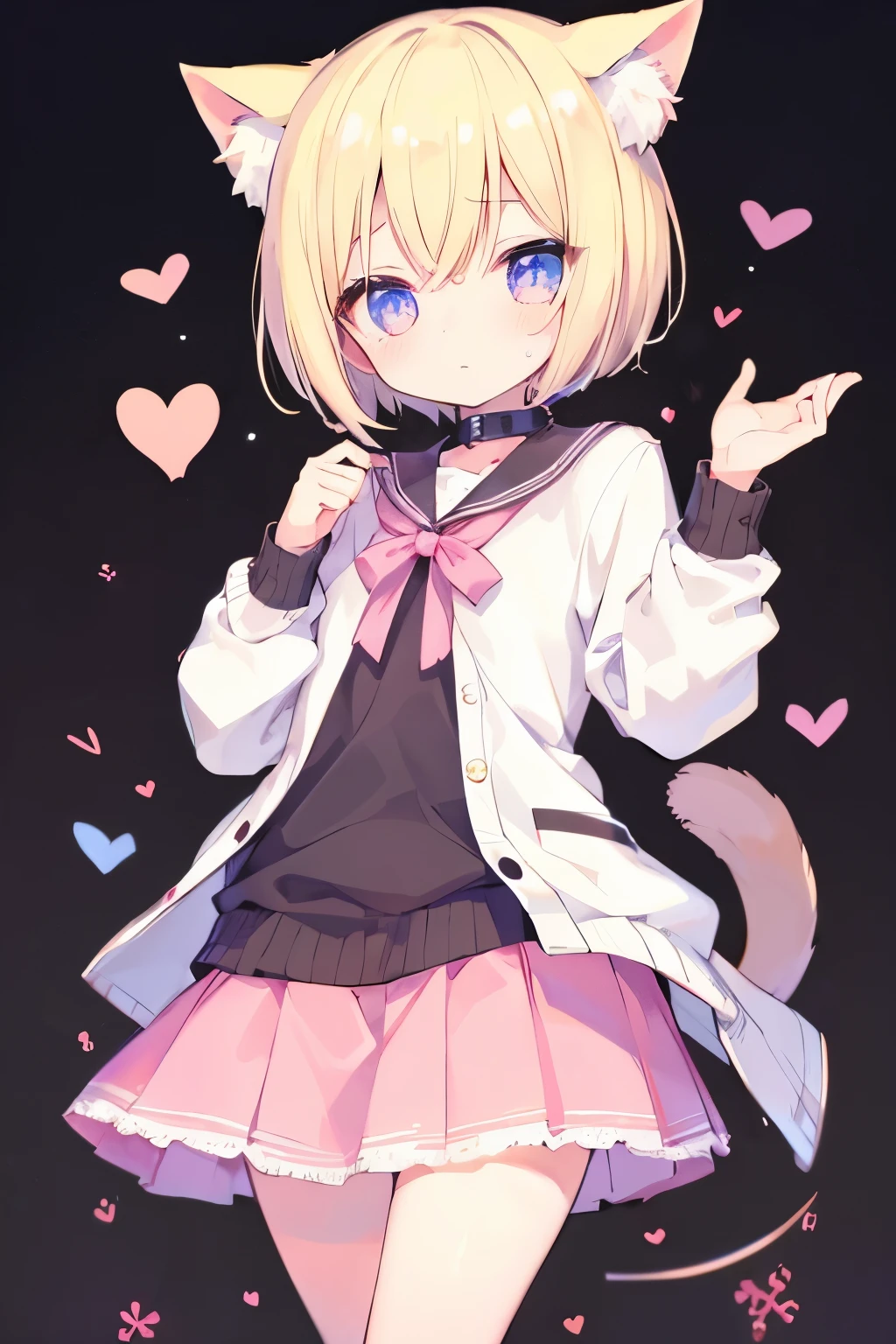 Blonde cardigan、Pink Skirt、Putting on a collar、、platinum blonde short cut,Very beautiful and Shining Eyes、Shining Eyes、1 person、Cat ear、(((((Small body)))))、heart❤、((Sweat、vapor)）