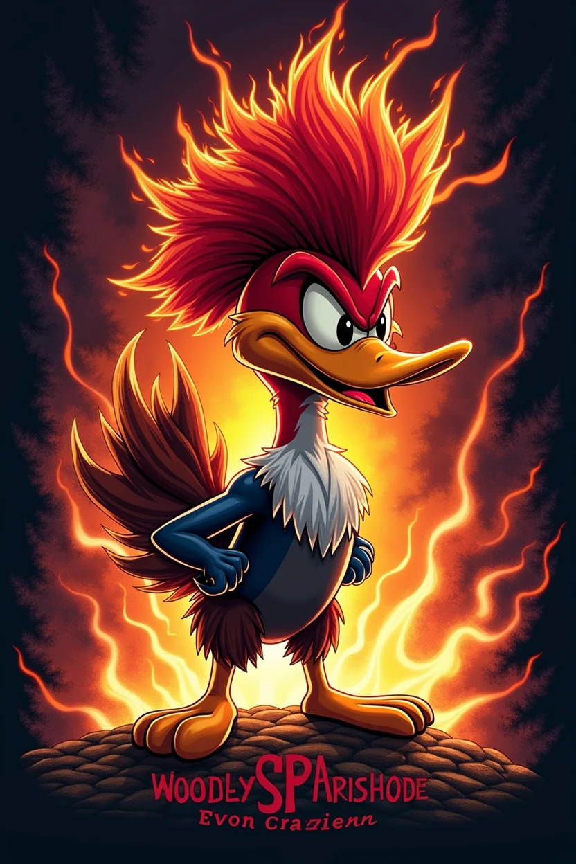 print for shirt, The Woody Woodpecker Show crazy dark phoenix style on fire with the phrase "SPA 25 YEARS, even crazier"