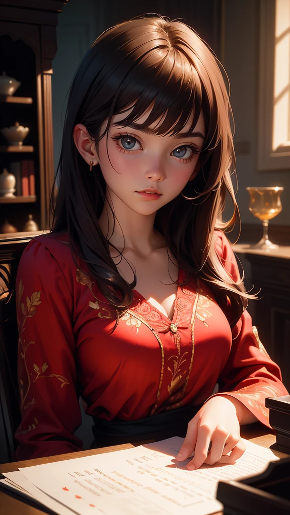 hyper realistic image of the highest quality, The perfect masterpiece, perfect work of art, 8k, a young and beautiful woman in a red dress playing piano on an illuminated stage, realistic oil painting, detailed face, detailed hands, chiaroscuro lighting, dramatic lighting, warm color tones, muted colors, elegant, cinematic, intricate details, photorealistic, 8k, high resolution, best quality, masterpiece, Annie Leibovitz style photography, ilya kuvshinov style, soft light, studio light, intricate details), majestic, aesthetic