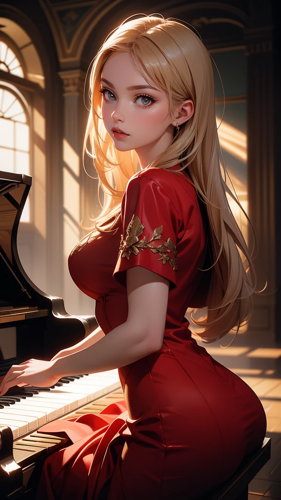 hyper realistic image of the highest quality, The perfect masterpiece, perfect work of art, 8k, a young and beautiful woman in a red dress playing piano on an illuminated stage, realistic oil painting, detailed face, detailed hands, chiaroscuro lighting, dramatic lighting, warm color tones, muted colors, elegant, cinematic, intricate details, photorealistic, 8k, high resolution, best quality, masterpiece, Annie Leibovitz style photography, ilya kuvshinov style, soft light, studio light, intricate details), majestic, aesthetic