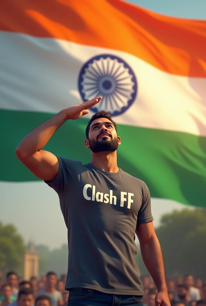 A man is standing in front of the Indian flag, saluting our flag and he is wearing a T-shirt with Clash FF written on it