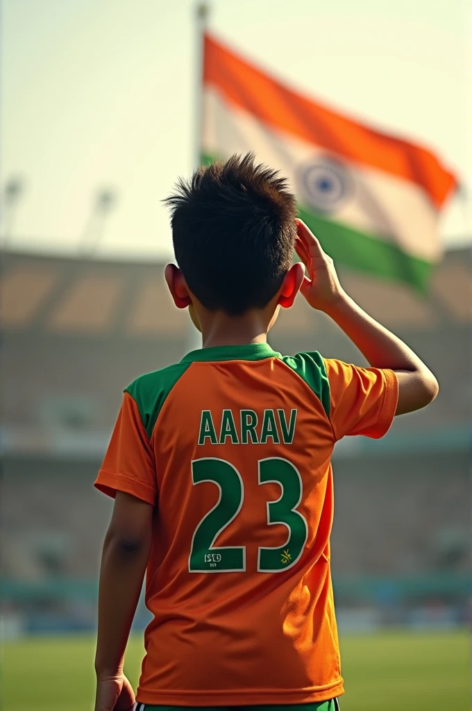 Back of a boy wearing Indian jersey on which Aarav written and the jersey number is 23 saluting towards the Indian flag