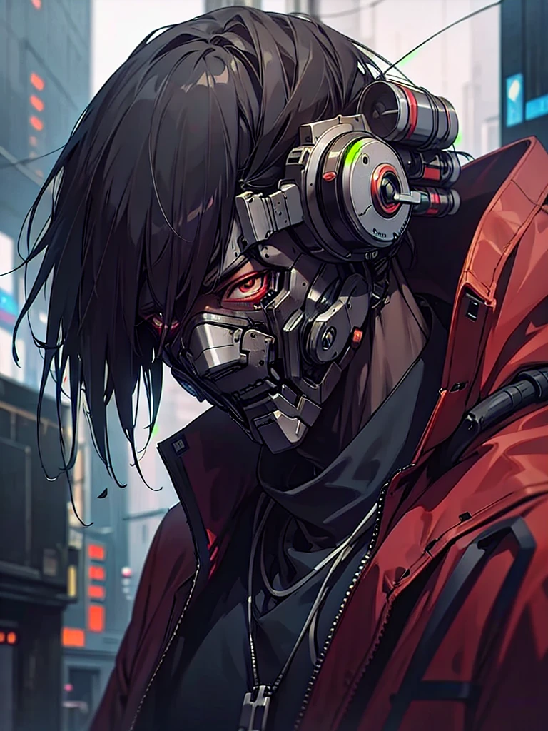 Old Mechanical man, long distance photo, Cyberpunk mask, jacket, blurry cyber city, anime masterpiece art::1 trending on Pinterest, iPhone wallpaper::0.7 --niji 5 --style raw --s 250