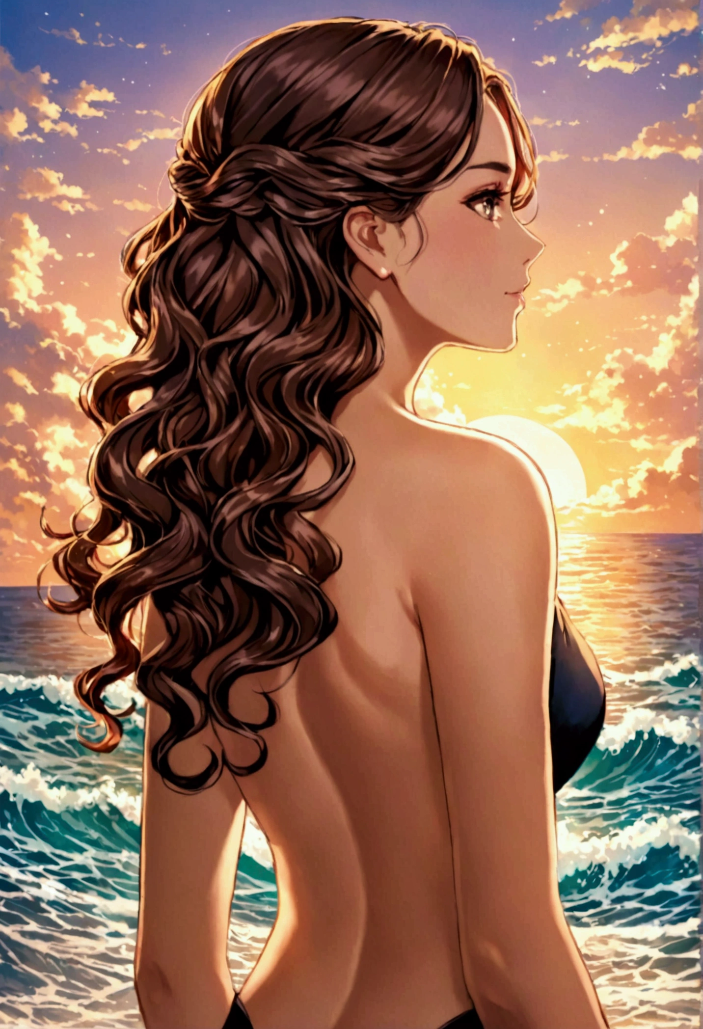 Can you creat a woman looking at something showing her back with wavy hair