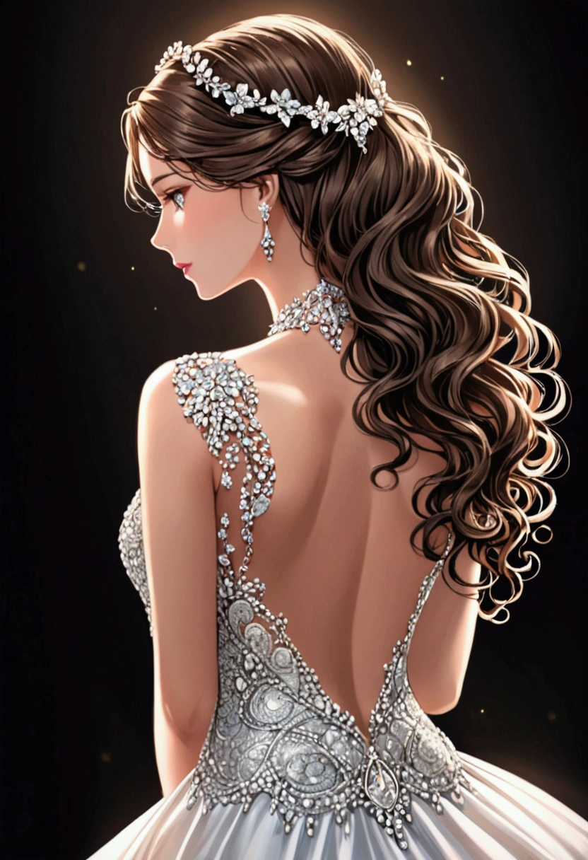 Can you creat a woman looking at something showing her back with wavy hair