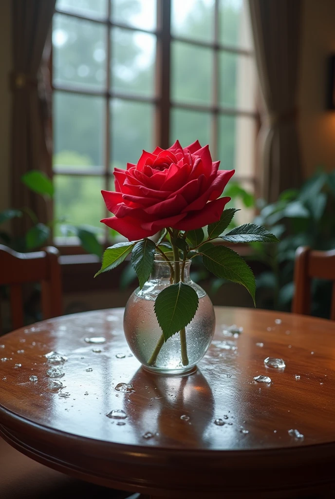 I need an image of a varnished wooden table with a vase of a transparent bowl and a large, beautiful red rose inside, in a room of a country house, with a view from the windows where the rain is falling.