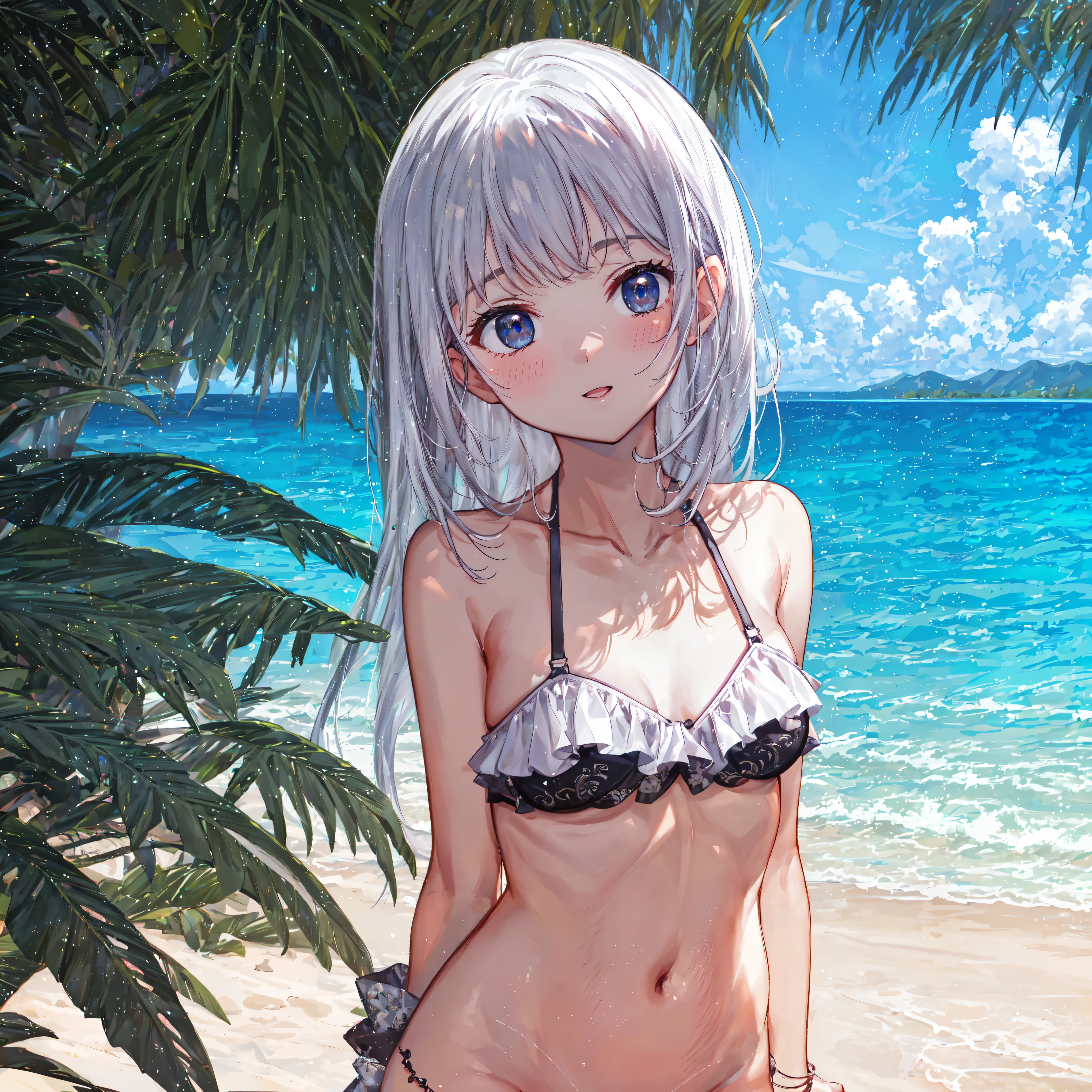 Very detailed, CG, Unity , 8k wallpaper, wonderful, In detail, (masterpiece:1.5, Highest quality), (Intricate details, Depth of written boundary), Dynamic posture,masterpiece, Highest quality,blush,Palm Tree Shade,hammock,Silver Hair, {{Beautiful medium sized breasts 1:4}},Small face,Front-facing,look away,Arms back,Push out your hips,Gazing into the distance,My chest is crushed,Black and white frilly swimsuit,Photoreal 1;4,Highest quality,cute,High Quality Backgrounds, Slanted Eyes, Detail of wrinkles on shirt chest,break, {{Beautiful blue eyes 1:4}}, break, Five Fingers