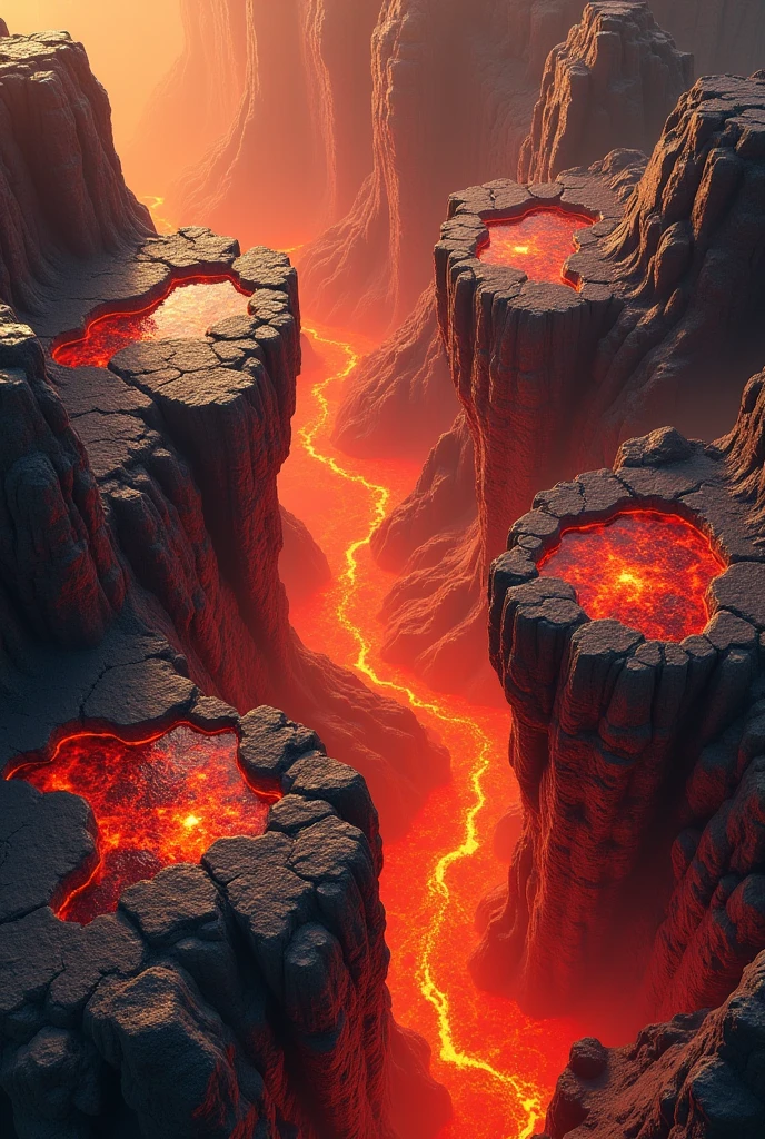 a map of lava on which four rock plataforms float in the lava, the map is in aerial format suitable for a rpg game, the background is a photo of lava lake