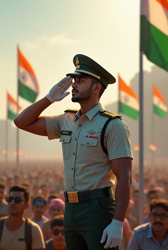 22 year old muscles Indian boy is celebrating Independence Day on 15th August 2024. His name Vivek is written on his uniform or he is saluting the Indian flag or he is wearing the uniform of the Indian flag or he is facing the Independence Day. to cry