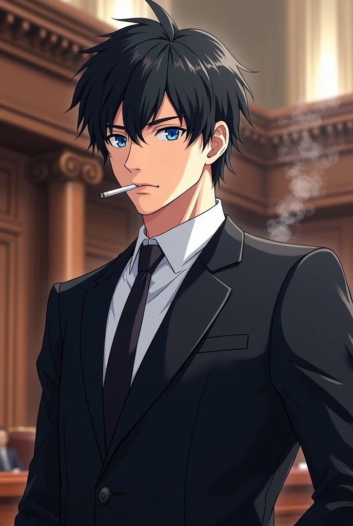Anime style image of a man around 23 years old, black hair similar to the character Sung Jin woo from Solo Leveling, blue colored eyes, wearing a black lawyer suit and a more serious face and expression, smoking a cigarette and the scene behind him is a courtroom 