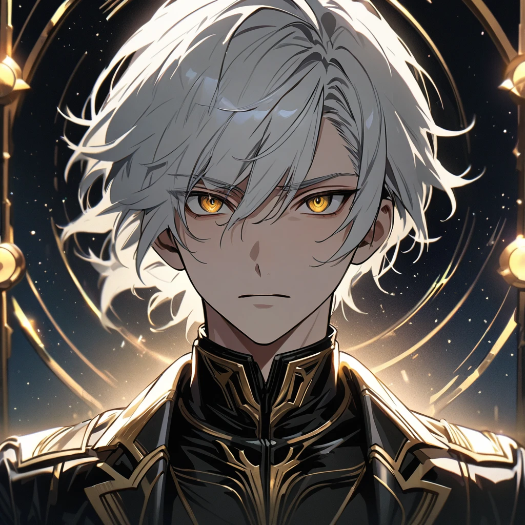 High quality, HD, 4k, no shadows, handsome male, handsome, 1male, 18 years old, 18yo, short white hair, white hair, white hair, white hair, sharp eyes, deep golden colored eyes, dark gold colored eyes, deep gold eyes, gold eyes, devil may cry, close up, calm expression, stoic expression, black leather clothes, white leather clothing, lean body, well trained body, upper body, looking at viewer, cowboy shot, white solar, space background
