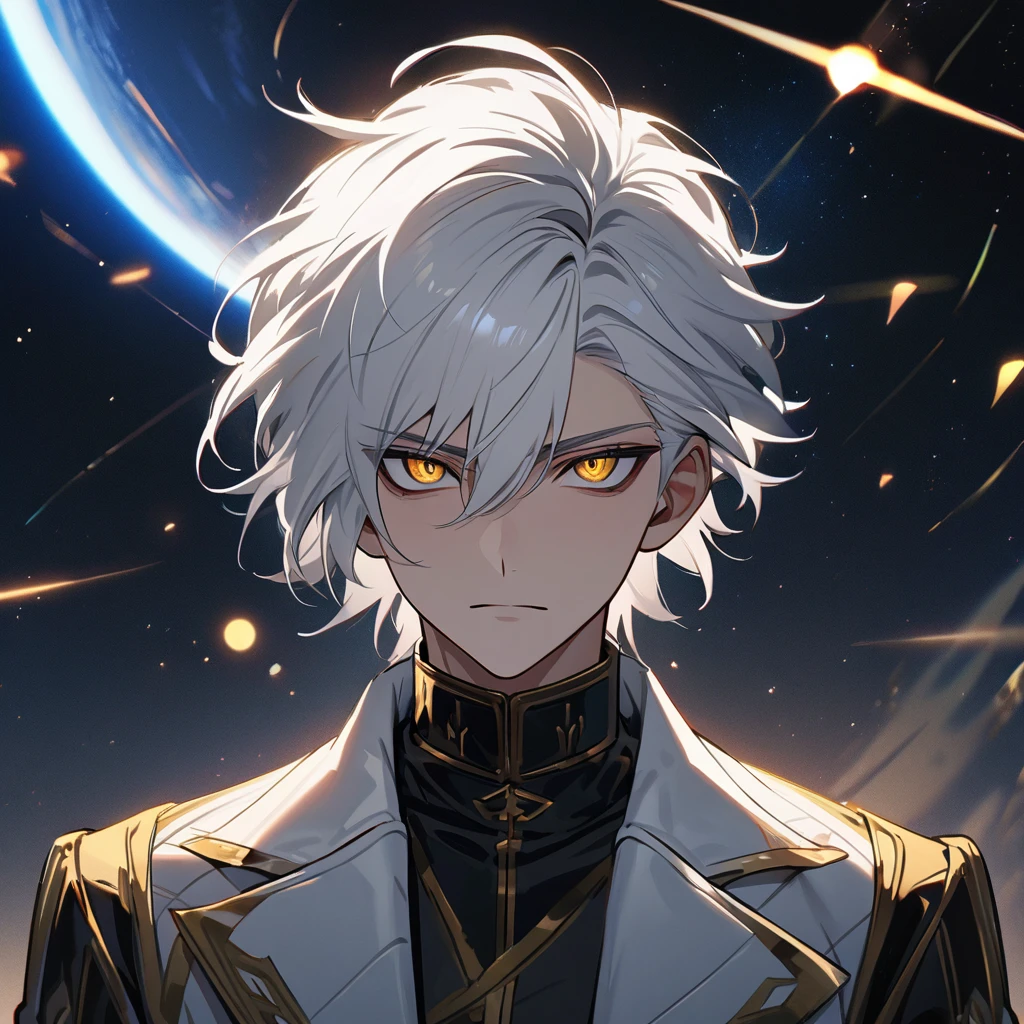 High quality, HD, 4k, no shadows, handsome male, handsome, 1male, 18 years old, 18yo, short white hair, white hair, white hair, white hair, sharp eyes, deep golden colored eyes, dark gold colored eyes, deep gold eyes, gold eyes, devil may cry, close up, calm expression, stoic expression, black leather clothes, white leather clothing, lean body, well trained body, upper body, looking at viewer, cowboy shot, white solar, space background