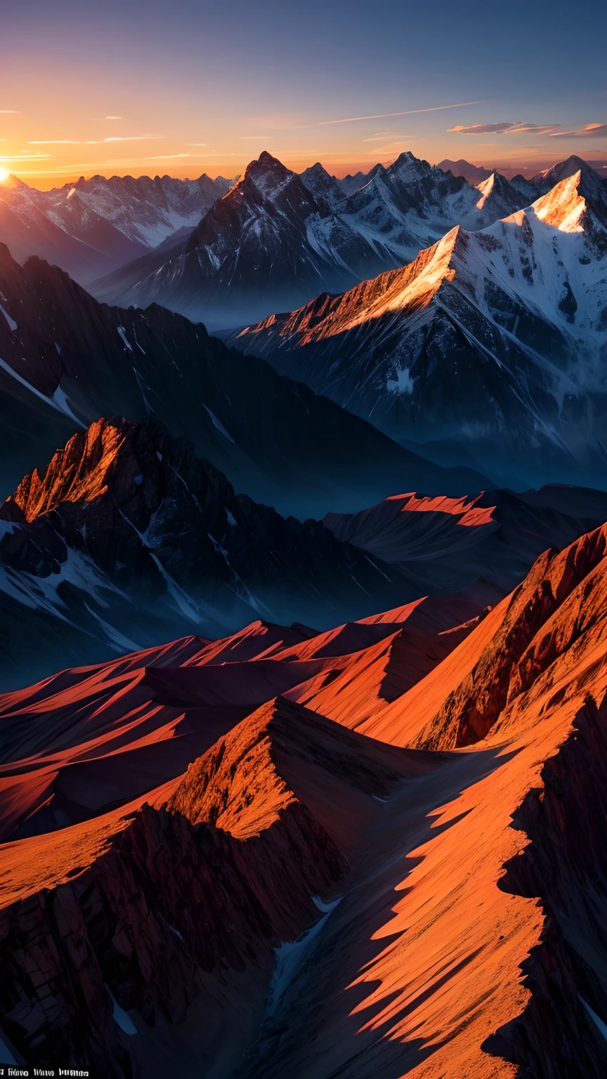 The sunset spreads over the outline of the mountains，The mountains were dyed orange，Contrasts sharply with the deep blue of the sky