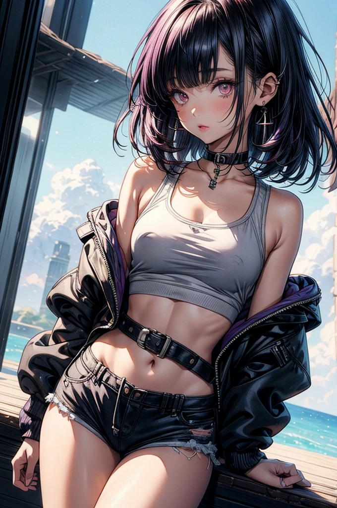 ((Sketch)), ((Watercolor)), ((best quality)), ((masterpiece)), (detailed), 4k image, anime style, beautiful young girl, tanned white skin, oval shaped face, cherry pink lips, big round velvet colored eyes, C-cup breasts, slender and thin body, full oversized hoodie reaching thighs(one color), waist band shorts, Sleek dark violet purple-black hair in a Pixie cut hairstyle, small narrow waist, small but full curvy hips, height of about 170cm