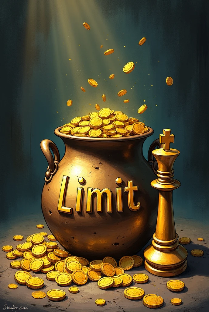 drawn drawing, gold coins in a pot, money,
Next to the chess piece is a queen
On the pot is the word "limit"