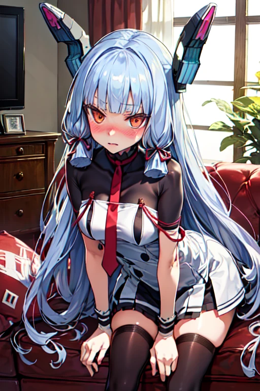 ((Highest quality)), ((masterpiece)), (detailed), One person, murakumo_kantaicollection
long_hair, hair_ribbon, ribbon, Headgear, bangs, grey_hair, sidelocks, blunt_bangs, tress_ribbon, orange_eyes, necktie, blush,
embarrassed, (bends over), Leaning forward, breasts apart, open chest,
bedroom,Large sofa,carpet,Glass table,A large white LCD TV,